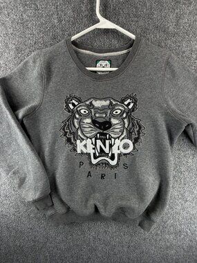 KENZO Paris JUNGLE Sweatshirt Pullover Graphic Print Gray Tiger Small Fleece